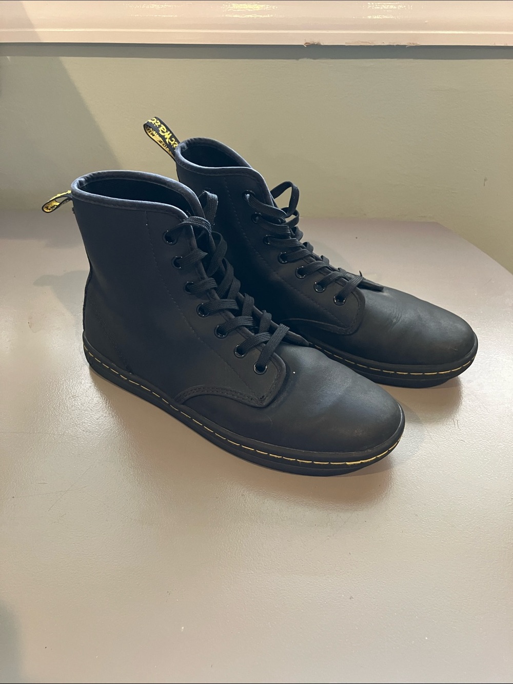 Dr. Martens Black Leather 8-Eye Lace-Up Boots with Yellow Stitching